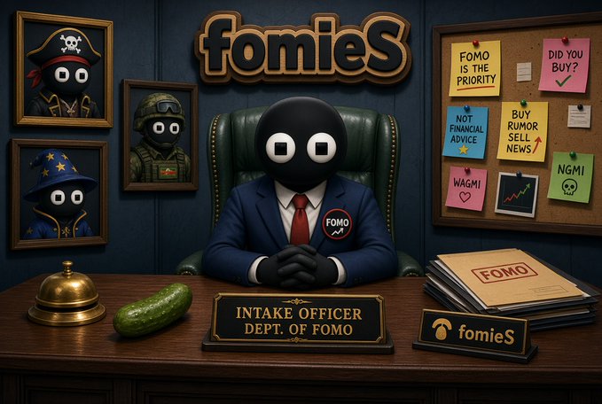 A cartoonish illustration of a 'FomieS' intake officer with a featureless black face, wearing a suit and sitting at a desk labeled 'INTAKE OFFICER DEPT. OF FOMO', surrounded by sticky notes about FOMO-related themes.