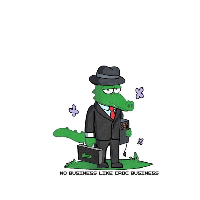 The image features a cartoon alligator dressed in a sharp business suit, tie, and fedora, holding a briefcase and standing on a patch of grass with butterflies around it, with the caption "NO BUSINESS LIKE CROC BUSINESS" displayed below. This ties into the post's announcement of a free mint NFT launch on Robinhood Crypto, using the "croc business" pun as branding for the upcoming collection.