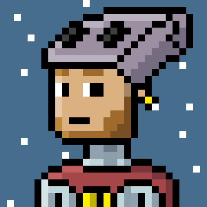 Pixel art depicting a character with purple hair and an eyepatch in a snowy setting, rendered in a retro 8-bit style.