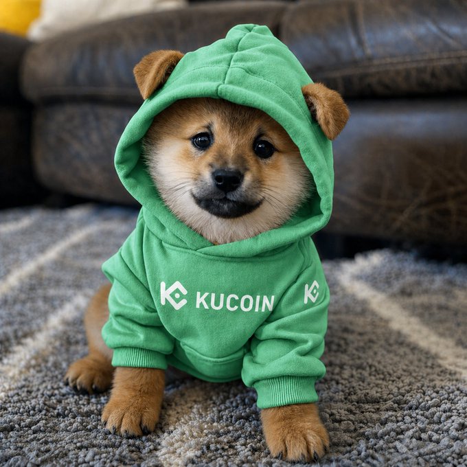 An adorable Shiba Inu puppy wearing a green KuCoin-branded hoodie with bear ears, sitting on a carpet in front of a leather couch.