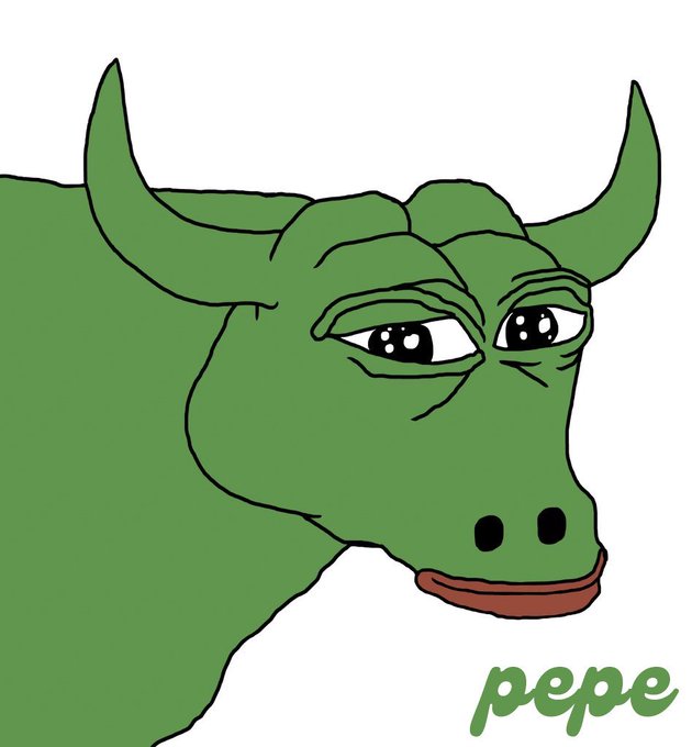A cartoon illustration of a green bull with a sad expression, labeled 'pepe' in cursive text in the bottom right corner.