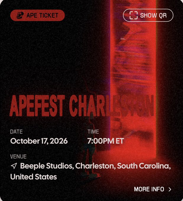 An 'APE TICKET' for 'APEFEST CHARLESTON' taking place on October 17, 2026, at 7:00 PM ET at Beeple Studios in Charleston, South Carolina.