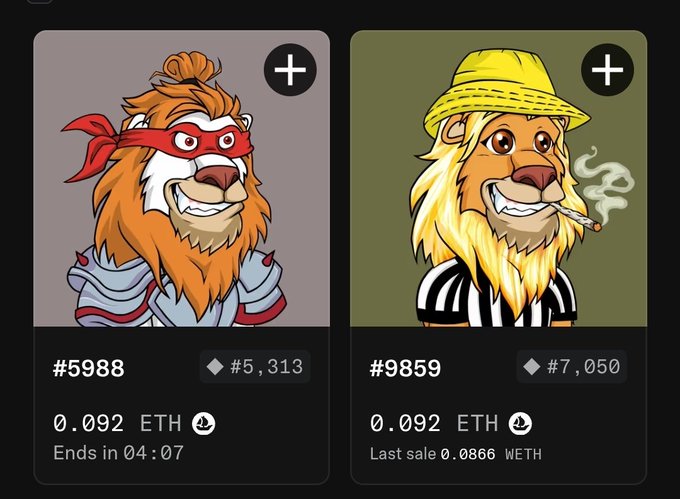 An NFT marketplace displays two cartoon lion avatars: 'The Black Bull' #5988 priced at 0.092 ETH (ending in 04:07) and another lion #9859 also at 0.092 ETH with a last sale of 0.0866 WETH.
