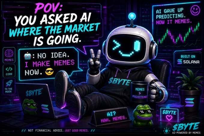 A neon-styled digital illustration featuring a robot character with the text 'POV: YOU ASKED AI WHERE THE MARKET IS GOING' and dialogue bubbles reading 'NO IDEA. I MAKE MEMES NOW' and 'AI? NAH, MEMES.' It promotes '$BYTE' as AI-powered memes built on Solana, with disclaimers 'NOT FINANCIAL ADVICE. JUST GOOD MEMES.'