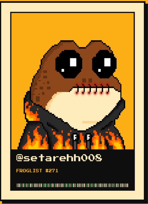 A pixel art image of a hooded frog character with large black eyes against an orange background, with the text "@setarehh008" and "FROGLIST #271" at the bottom.