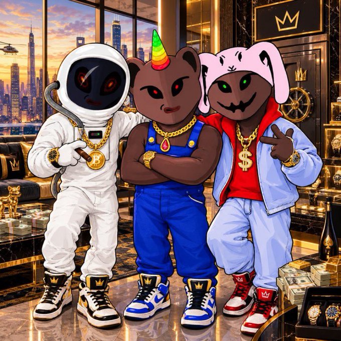 A digital illustration of three cartoon characters—an astronaut with a Bitcoin chain, a bear with a unicorn horn, and a bunny—posing in a luxurious penthouse setting with a city skyline, all wearing gold chains and crowns.