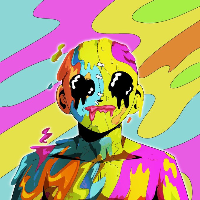 A cartoon illustration of a character with melting black eyes and paint dripping from their body is surrounded by vibrant swirls of neon colors, including pink, yellow, blue, and orange. The psychedelic, drips-filled portrait captures the surreal "gm, new week" energy, as if fresh from a wild weekend.