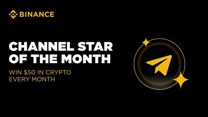 A Binance promotional banner announcing the "Channel Star of the Month" campaign, offering $50 in crypto monthly, alongside the Telegram paper plane icon—promoting the Binance Pakistan Telegram community for active and engaged participants.