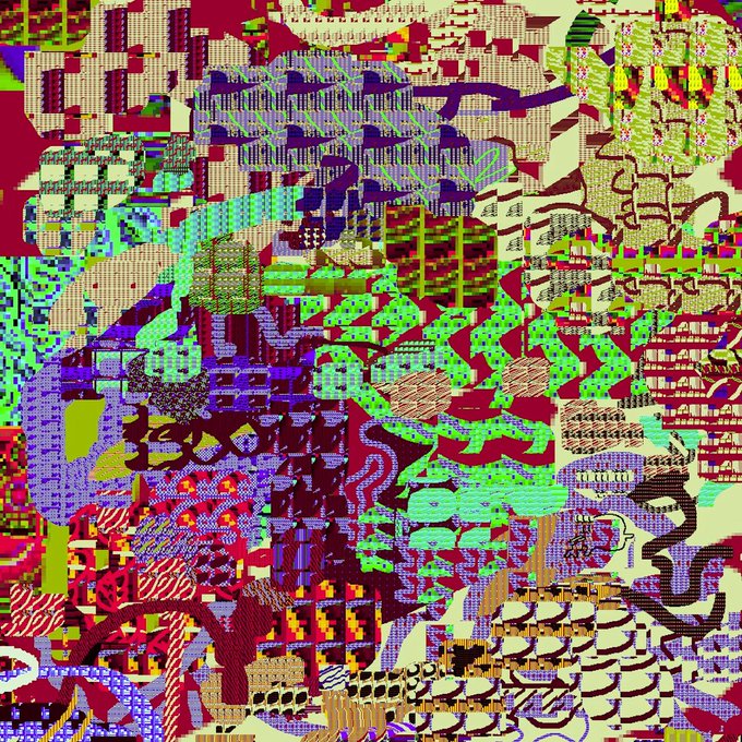 A chaotic abstract digital artwork featuring dense, overlapping patterns in red, green, purple, and yellow, resembling a glitchy, pixelated collage of architectural and organic shapes.