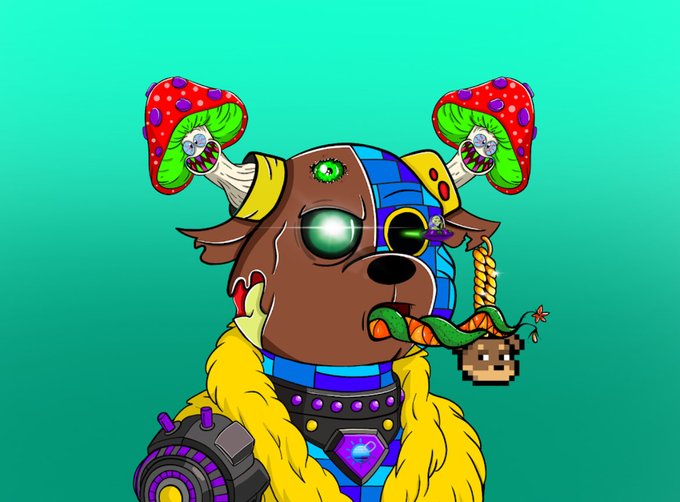 The image features a cartoon dog wearing a yellow jacket with purple and blue accents, giving it a unique appearance. The dog has a carrot stuck in its mouth and is holding a sword in one hand while wearing sunglasses. The background of the image is a light blue color that contrasts with the dog's vibrant attire. In the bottom right corner of the image, there is text that reads "Happy Mutant Monday! I hadn't opened this wallet in a while (just an intermediate funds wallet) and I had this Bullbear in it. I think it must have been a Shield giveaway, so thanks Shield!".