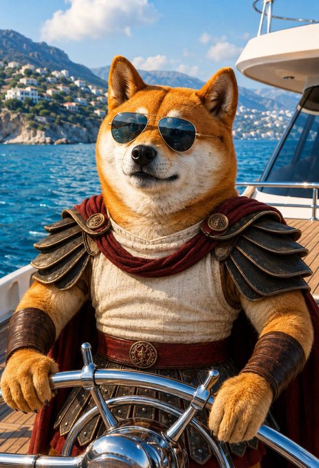 A Shiba Inu dressed as a Roman general in sunglasses and armor confidently steers a yacht with a coastal backdrop. The caption "Let the waves lead." complements the image's theme of adventurous travel and trusting the journey.