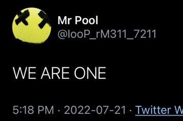 The image shows a Twitter post by "Mr Pool" (@looP_rM311_7211) with a yellow smiley face emoji as the profile picture, containing only the text "WE ARE ONE" posted at 5:18 PM on 2022-07-21, with the accompanying post "1" suggesting this is the first in a series of tweets.