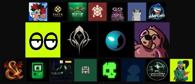 A collage of 20 square NFT project thumbnails displayed in three rows against a black background, including game-themed art, pixel art, and character illustrations with visible text such as "FASTX," "BIOM," "SHARKNFT," and "UNKNOWN_GAMER." The grid showcases various digital collectible brands referenced in the accompanying list of upcoming NFT mints.