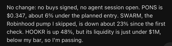 A trading update on a dark background mentioning PONS at $0.347, SWARM being down 23%, and HOOKR being up 48% but below the liquidity threshold.