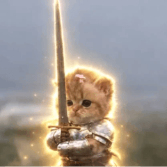 A small kitten wearing silver armor and holding a glowing sword, standing in a heroic pose.