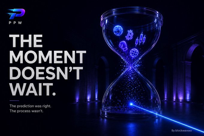 A PPW (blockwavexo) promotional banner features an hourglass filled with cryptocurrency symbols, with the tagline "THE MOMENT DOESN'T WAIT. The prediction was right. The process wasn't."