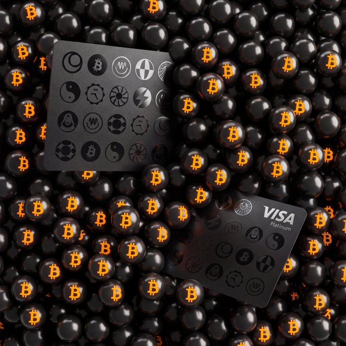 The image shows a pile of dark spheres with illuminated Bitcoin logos, alongside a dark "Kolo card" and a Visa Platinum card, illustrating the Kolo platform's offer of Bitcoin cashback for spending stablecoins.
