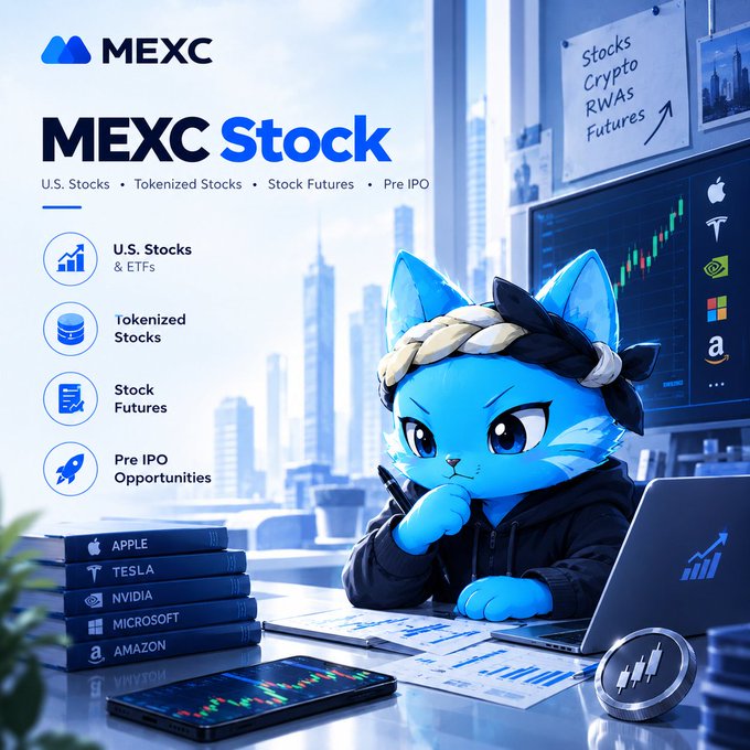 A promotional graphic for MEXC Stock advertising trading in 'U.S. Stocks & ETFs, Tokenized Stocks, Stock Futures, Pre IPO Opportunities', featuring an anime-style blue fox character surrounded by books labeled with companies like Apple, Tesla, and Nvidia.