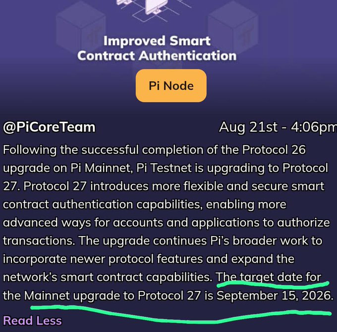 The image shows a Pi Node announcement about "Improved Smart Contract Authentication," detailing the Protocol 27 upgrade on Pi Testnet following Protocol 26's Mainnet upgrade, with a target Mainnet upgrade date of September 15, 2026. The post "Omo......Clarity act and pi" appears to relate to the news by connecting Pi Network's protocol advancement with the Clarity Act, suggesting a hopeful link between regulatory clarity and Pi's growing smart contract ecosystem.