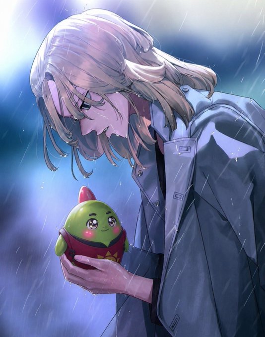 Anime-style illustration of a girl with light brown hair in a blue jacket holding a small green character with red cheeks in a red pot, standing in the rain.