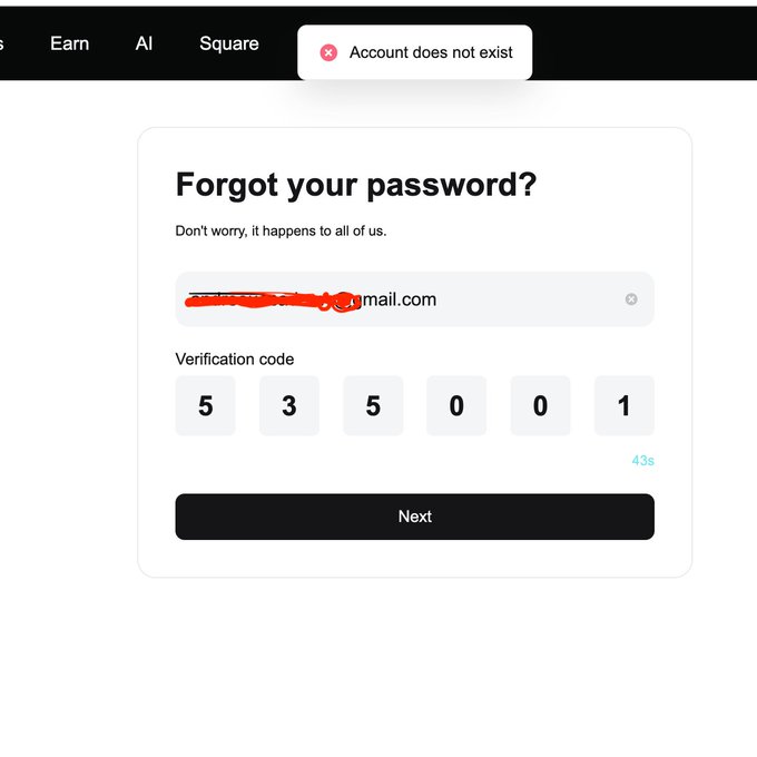 A 'Forgot your password?' screen showing an email field with a red error message 'Account does not exist' and a verification code 535001.