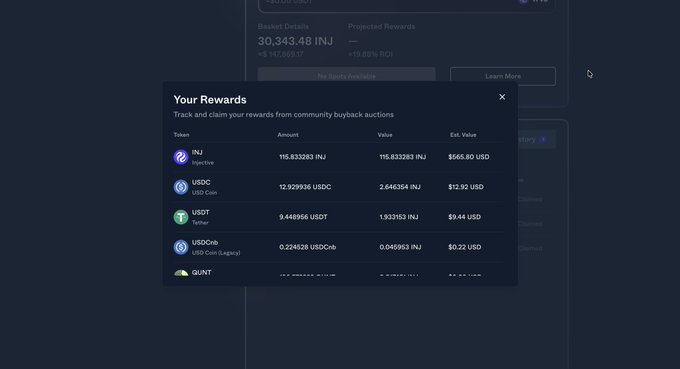 A dark-themed digital interface displaying 'Your Rewards' with tokens including INJ (Injective), USDC, USDT, USDTrib, and GUNT, showing amounts, values, and estimated USD valuations.