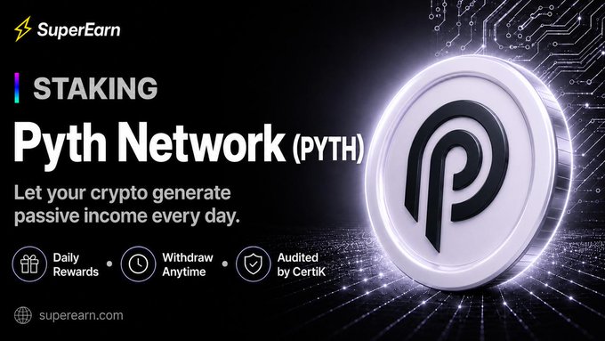 A promotional graphic for 'SuperEarn' staking of 'Pyth Network (PYTH)' cryptocurrency, highlighting features like 'Daily Rewards', 'Withdraw Anytime', and 'Audited by CertiK'.