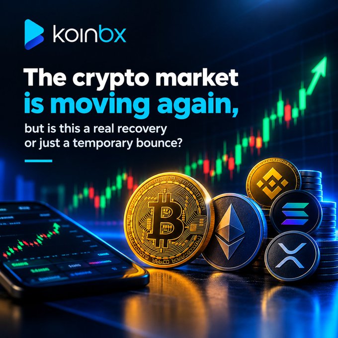 An advertisement for 'koinbox' featuring cryptocurrency coins and the text 'The crypto market is moving again, but is this a real recovery or just a temporary bounce?'