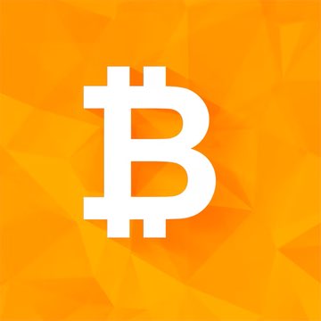 The Bitcoin logo, a white capital 'B' with two vertical strokes, displayed on an orange geometric background.