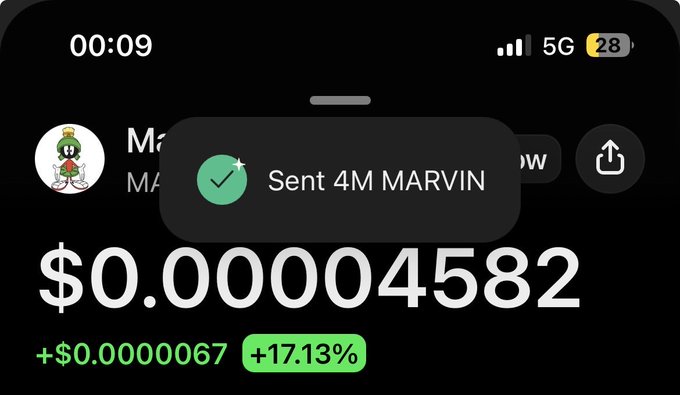 A screenshot shows a successful transaction of "4M MARVIN" with a current price of "$0.00004582" and a 17.13% increase, aligning with the post's sentiment of sending $MARVIN to Mars.