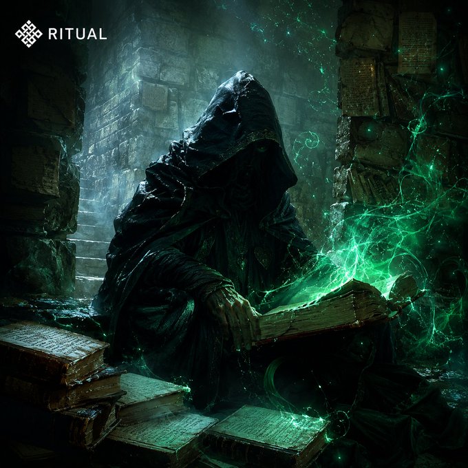 Dark fantasy digital artwork from 'RITUAL' showing a hooded mysterious figure in black robes holding an ancient glowing book emitting green magical energy in a stone ruin.