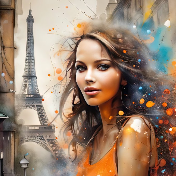 A digital artwork features a young woman with windswept brown hair and green eyes wearing an orange tank top, set against a backdrop of the Eiffel Tower and splashes of vibrant orange and turquoise paint. The piece, titled "BREEZY GIRL #3," complements the post as a one-of-one Tezos edition NFT listed on objkt.com for 10 $XTZ.