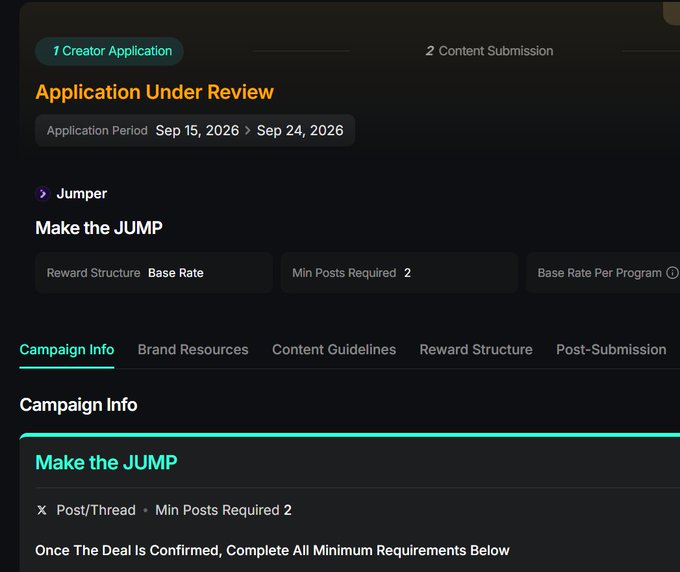A dark-themed web interface displays an 'Application Under Review' status for a 'Make the JUMP' creator campaign with an application period of Sep 15, 2026 to Sep 24, 2026.