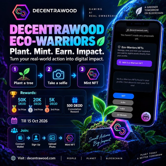 A vibrant promotional graphic for Decentrawood's "Eco-Warriors" campaign, featuring a phone mockup and three-step process (Plant a Tree → Take a Selfie → Mint NFT) with rewards of 50K DEOD (1st Prize), 20K DEOD (2nd Prize), and 5K DEOD (3rd Prize), plus 500 DEOD consolation rewards, running until October 15, 2026 at decentrawood.com. The "Plant a tree, mint your impact & earn $DEOD" caption directly aligns with the campaign's tagline "Plant. Mint. Earn. Impact." and its core eco-friendly blockchain initiative of turning real-world environmental actions into digital NFT assets.