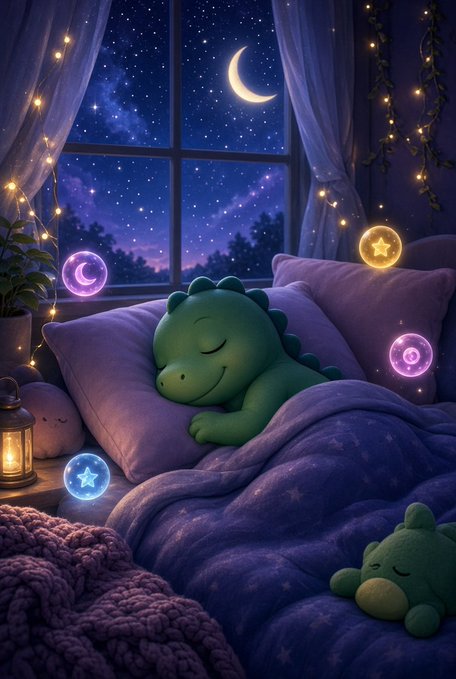 A whimsical illustration of a sleeping green dinosaur plush on a bed with a starry night sky and crescent moon visible through the window, surrounded by glowing star orbs, string lights, and a small lantern.