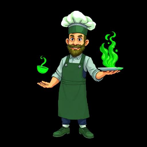 A cartoon illustration of a bearded chef wearing a tall white hat and green apron, holding a steaming plate of green food with a floating green bowl beside him.