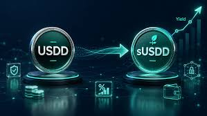 A digital graphic depicts the conversion of USDD to sUSDD, with an arrow showing the transformation and an upward-trending yield arrow in the corner. The image visually represents the post's theme of leveraging sUSDD on Pendle for strategic yield generation, with the rising arrow symbolizing the TVL growth past $30 million.