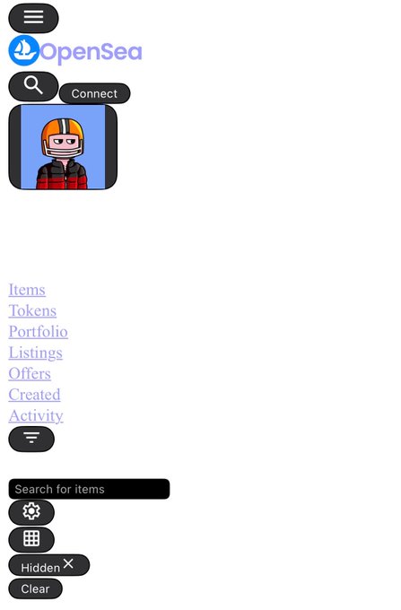 A mobile view of the OpenSea NFT marketplace interface showing navigation menu, search, and a profile picture of a cartoon character in a red plaid shirt and orange helmet.