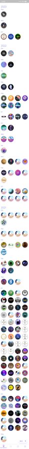 The image displays a collection of POAP (Proof of Attendance Protocol) digital badges organized chronologically by year (2021, 2022, 2023), showing the colorful circular NFT collectibles the user has accumulated over their five years of participation. These badges represent various events and experiences attended, visually documenting the user's "捡徽章" (badge collecting) journey referenced in the post about POAP ceasing operations. The collection serves as a nostalgic visual testament to the community memories and on-chain experiences the poster is mourning as POAP ends its service.