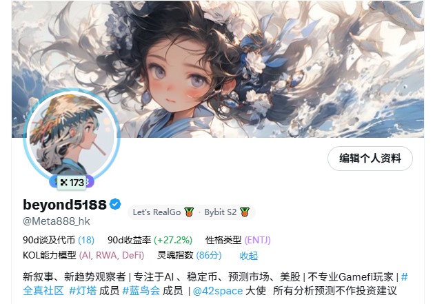 A Twitter/X profile for user "beyond5188" (@Meta888_hk) featuring an anime-style banner and avatar, describing a crypto analyst and KOL covering AI, stablecoins, and prediction markets.