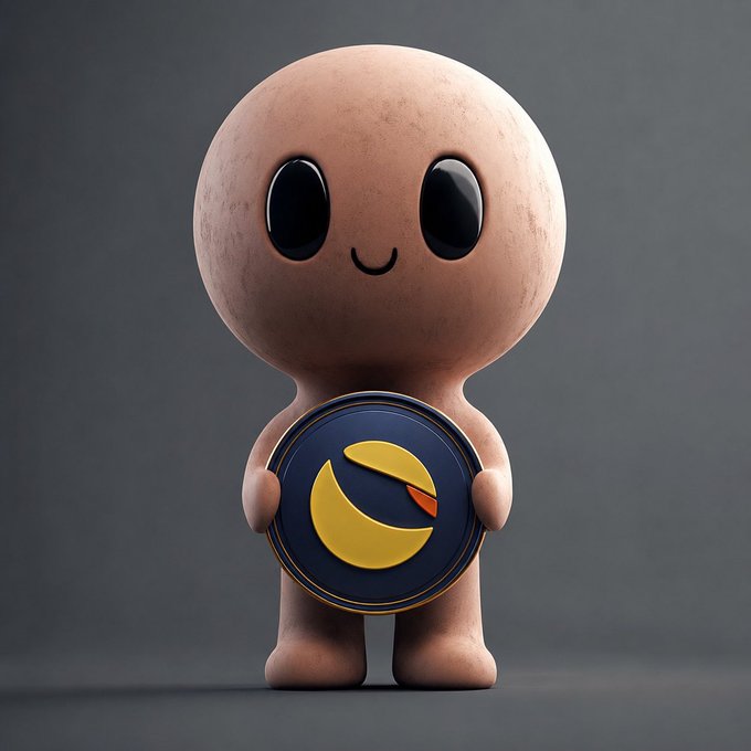 A small, round cartoon character with large black eyes and a simple smile holds a Terra Luna Classic ($LUNC) coin, visually reinforcing the post's message to "Hold $LUNC."