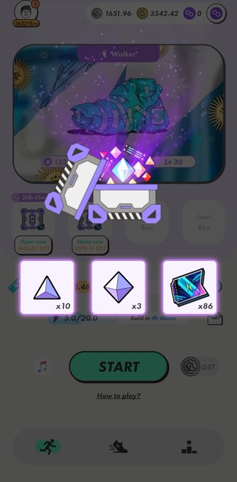 A mobile game screen displaying a 'Walker Lv 30' character, a loot box opening interface showing rewards like x10 triangular gems, x3 diamond gems, and x86 crystals, with a START button at the bottom.