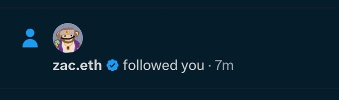 A Twitter notification shows that the verified account 'zac.eth' followed the user.