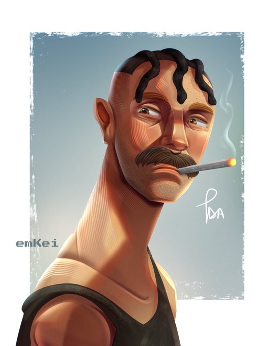 A stylized portrait illustration of a man with dreadlocks and a mustache smoking a cigarette, signed "PIDA" and watermarked "emkei".