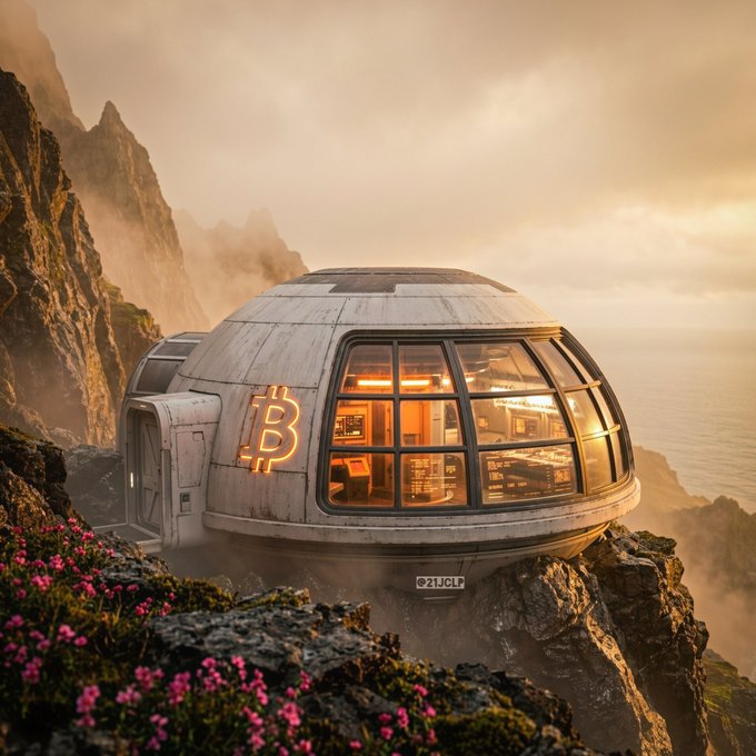 The image features a futuristic dome-shaped building situated atop a rocky cliff, with a large neon "B" sign prominently displayed above it. The building appears to be made of glass or metal, giving it an otherworldly appearance. The surrounding area is covered in rocks and vegetation, adding to the overall ruggedness of the scene. The post that reads "Future = Bitcoin" suggests that this futuristic structure might be related to Bitcoin or cryptocurrency technology, possibly serving as a hub for blockchain-related activities or events.

The neon "B" sign above the building adds an element of intrigue and modernity to the scene, further emphasizing the futuristic nature of the location. The combination of natural elements like rocks and vegetation with the technological advancements represented by Bitcoin creates a unique and captivating image that invites viewers to explore its purpose and significance in the context of the post's message.