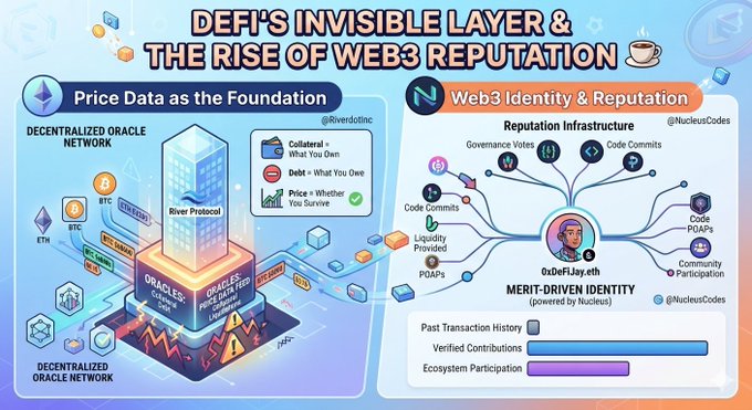Infographic titled 'DeFi's Invisible Layer & The Rise of Web3 Reputation' illustrating decentralized oracle networks from River Protocol and Web3 identity/reputation systems via NucleusCodes.