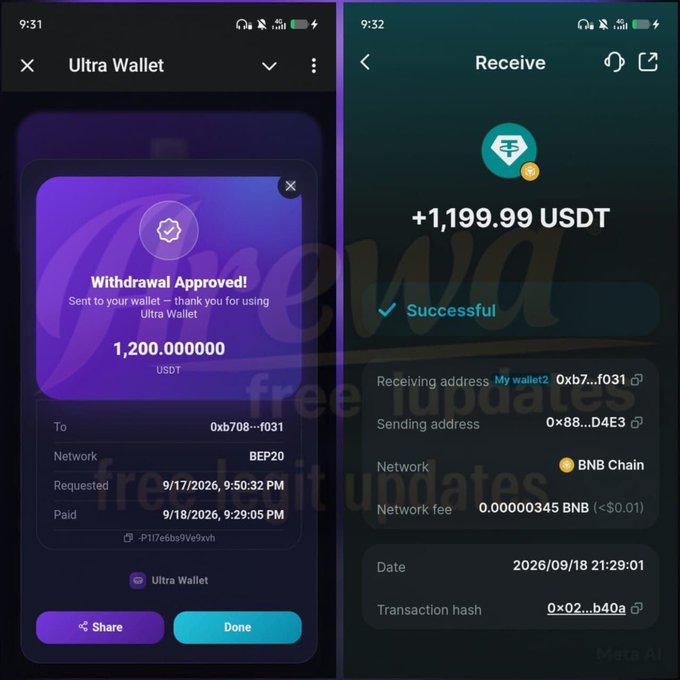 Two smartphone screenshots show a crypto transaction in the "Ultra Wallet" app, displaying "Withdrawal Approved! 1,200.000000 USDT" on the left and a successful receipt of "+1,199.99 USDT" via the BNB Chain network on the right.