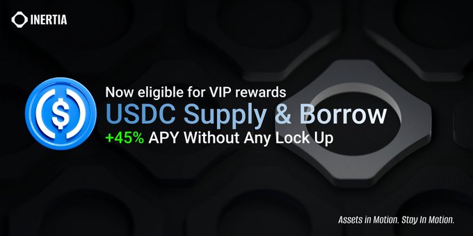 A promotional graphic for Inertia featuring a blue USDC coin logo and text reading 'Now eligible for VIP rewards', 'USDC Supply & Borrow', and '+45% APY Without Any Lock Up' against a dark hexagonal background.