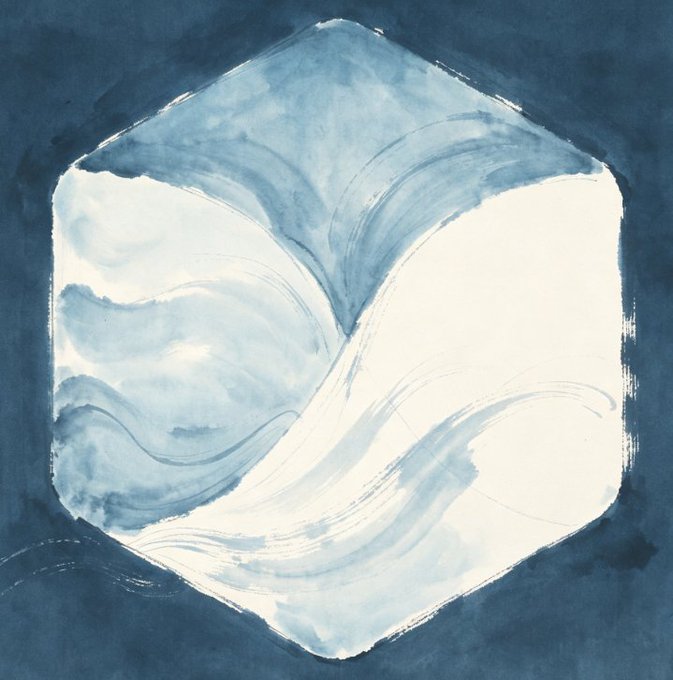 The image features an abstract painting that resembles a cube with white and blue colors, giving it a unique and artistic appearance. The painting has been done using watercolor techniques, which adds depth and texture to the artwork. The artist's name is mentioned in the caption, but it does not provide any additional information about their work or the context of the post.