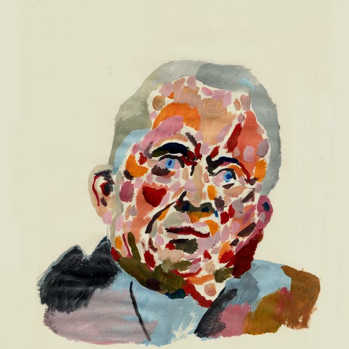 An expressive, colorful painted portrait of an older man with gray hair, rendered in bold brushstrokes of pink, orange, red, and blue.